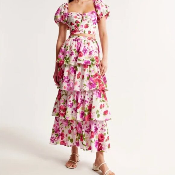 Abercrombie & Fitch Floral Puff Sleeve Midi Dress - Pink and Green - Picture 1 of 16